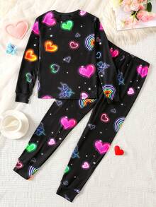 SHEIN 少女休闲舒适圆领套头T恤和裤子家居服套装 - 彩色 - 查看 2