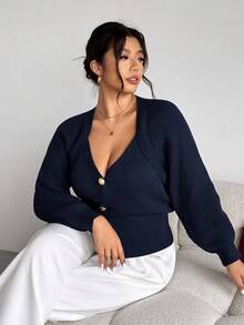 Firerie Plus Size Solid Color Front Button Long Sleeve Casual Knit Cardigan In Fall/Winter Navy Blue Old Money Office - Navy Blue - View 3