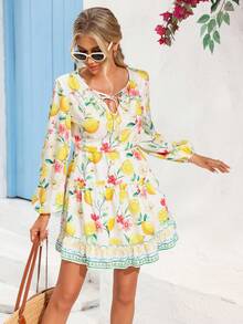 Vivid Eden Spring/Summer Outings, Holiday Dates, Spring/Summer Casual Vacation V-Neck Tie-Waist A-Line Fruit Print Long Dress, Holiday Summer Beach Dress, Back To School Outfit, Very Simple Outfit, Women's Country Style, Office Wear, Old Money Style, Teacher's Outfit, Date Outfit, Graduation Season, Women's Dresses, Spring/Es, Long-Sleeved Dresses Lemon Dress Women Boho Summer Dress Women Women Vacation Dress - Multicolor - View 1