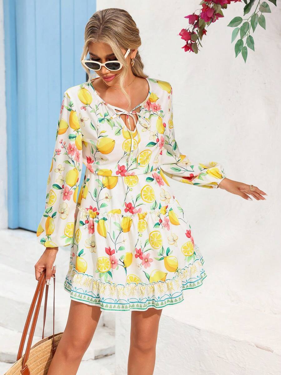 Vivid Eden Spring/Summer Outings, Holiday Dates, Spring/Summer Casual Vacation V-Neck Tie-Waist A-Line Fruit Print Long Dress, Holiday Summer Beach Dress, Back To School Outfit, Very Simple Outfit, Women's Country Style, Office Wear, Old Money Style, Teacher's Outfit, Date Outfit, Graduation Season, Women's Dresses, Spring/Es, Long-Sleeved Dresses Lemon Dress Women Boho Summer Dress Women Women Vacation Dress - Multicolor - View 1