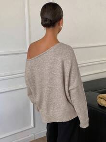 Livesso 秋冬新款宽松休闲不对称肩部设计女式毛衣 - 卡其色 - 查看 5