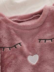 女童舒适卡通刺绣长袖上衣和裤子睡衣套装，秋冬 - 粉色 - 查看 5