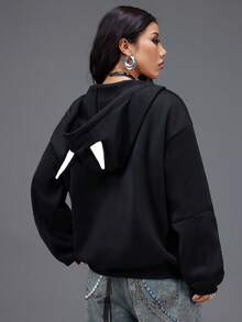 Bloopia Women's Casual Long Sleeve Hoodie Jacket With Dog Ear Design And Zipper Pockets - Black - View 2