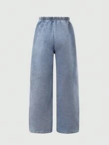 SHEIN ChillGRL 少女牛仔裤，复古个性牛仔裤，可爱红色前片搭配粉色花朵贴片，百搭蓝色休闲裤，女童阔腿牛仔裤，Y2K风格阔腿牛仔裤，中等水洗色，面料柔软舒适，适合秋冬季返校季，可爱舒适，适合日常出行、聚会和度假。 - 藍色 - 查看 2