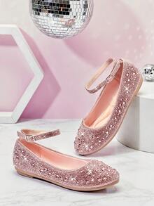 Mini mi 儿童圆头水钻踝带记忆棉粉色平底鞋 – 闪耀夺目的混码闪亮款，打造公主风造型 - 粉色 - 查看 4