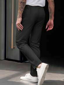 Calvornis Solid Color Pleated Casual Pants With Belt Loops Men Pants Dress Mens High Waisted Pants Mens Pleated Suit Pants Men Church Pants Men Slacks Pants Old Money,Daily Leisure, Weekend Trips, Outdoor Activities, Travel Expeditions, Relaxed Work Environments Or Semi-Formal Occasions, Boyfriend/Husband Gift, Anniversary Gift Party Christmas - Black - View 2