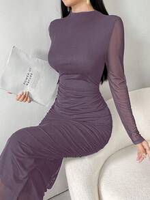 Modelyn Damen einfarbiges minimalistisches Alltagskleid mit Langarm-Mesh, Maxikleid, Abendkleid für Frauen