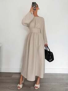 Siren Gaze Váy dài vừa phải hở lưng tay cánh dơi thường ngày dành cho nữ, váy cưới, váy công sở thường ngày, váy thường ngày dành cho nữ, váy phong cách Bohemian, váy tiệc trà, váy bó, váy dài tay - Màu be - Xem 5