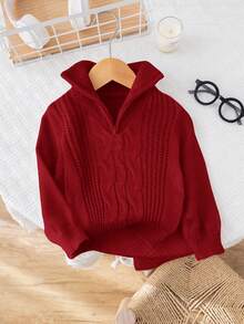 SHEIN 嬰兒男孩/女孩紅色秋季保守款家庭套裝酒紅色復古紋理針織領拉鍊長袖套頭上衣，新年幼兒毛衣 - 紅色 - 查看 6