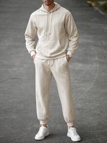 Manfinity Homme 男士秋季长袖连帽卫衣，带口袋和抽绳，搭配运动裤套装，男士针织套装，男士套装，奶油色男士服装，男士家居服套装，男士针织套装 - 杏色 - 查看 1