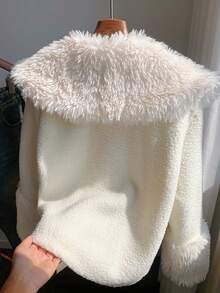 SHEIN EZwear 女式蓬松白色长袖宽松夹克，秋冬 - 白色 - 查看 2