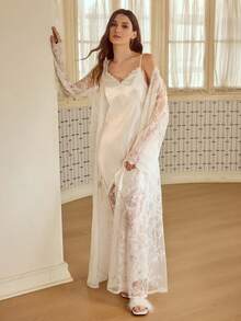 MOTF PREMIUM ELEGANT CONTRAST LACE CAMI DRESS & ROBE PAJAMA SET - White - View 5