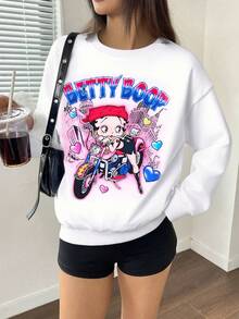 Betty Boop x SHEIN Women's Letter & Cartoon Figure Graphic Crew Neck Long Sleeve Sweatshirt Anime Clothes - White - View 1