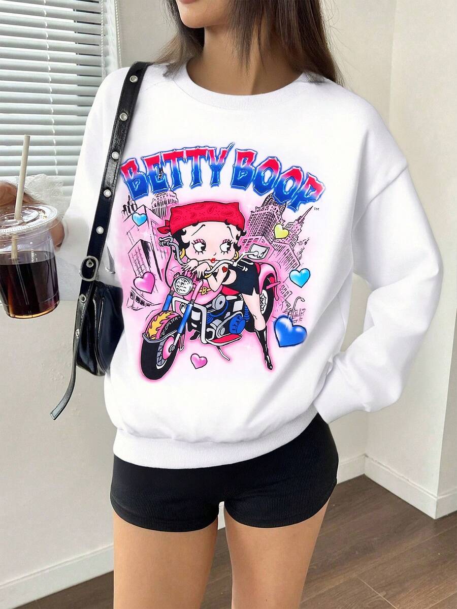 Betty Boop x SHEIN Women's Letter & Cartoon Figure Graphic Crew Neck Long Sleeve Sweatshirt Anime Clothes - White - View 1