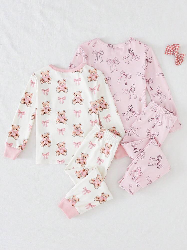 THE HAPPY LOOK 4件套女童卡通熊图案针织柔软圆领长袖上衣和松紧腰长裤贴身睡衣套装 - 彩色 - 查看 2