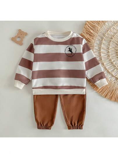 Loomiva Bộ 2 áo nỉ dài tay cổ tròn sọc nhiều màu cho bé trai và quần cạp chun