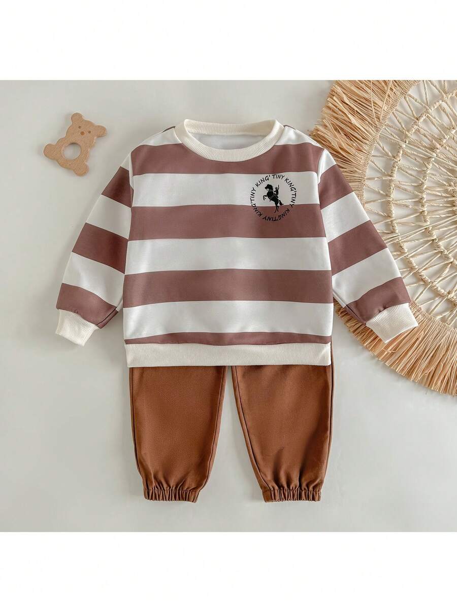 Loomiva 2pcs/Set Young Boy Colorful Striped Crew Neck Long Sleeve Sweatshirt And Elastic Waist Pants - Multicolor - View 1