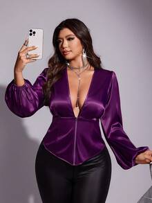 Viva Relle Áo sơ mi tay dài cổ chữ V màu trơn giản dị lãng mạn thanh lịch cỡ lớn - Màu tím - Xem 6