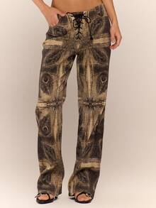 MUSERA Peacock Print Lace Up Straight Leg Printed Jeans Cool Girl Streetstyle Going Out Winter Spring Summer - Multicolor - View 2