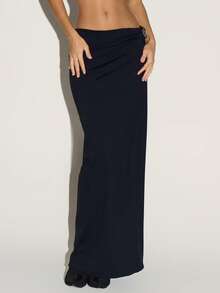 MUSERA Silver Trim Low Ruched Waist Slinky Maxi Skirt Autumn Fall  Going Out Casual Cute Sexy Night Out Cool Party Summer - Black - View 3