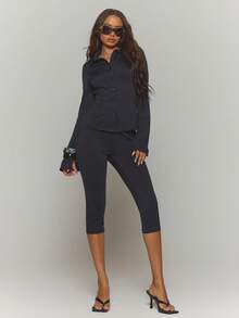 MUSERA 纽扣修身弹力喇叭长袖衬衫搭配修身七分裤套装，适合秋冬街头风，清凉时尚，适合夜晚外出、日常穿着，性感迷人，尽显优雅别致。 - 黑色 - 查看 1