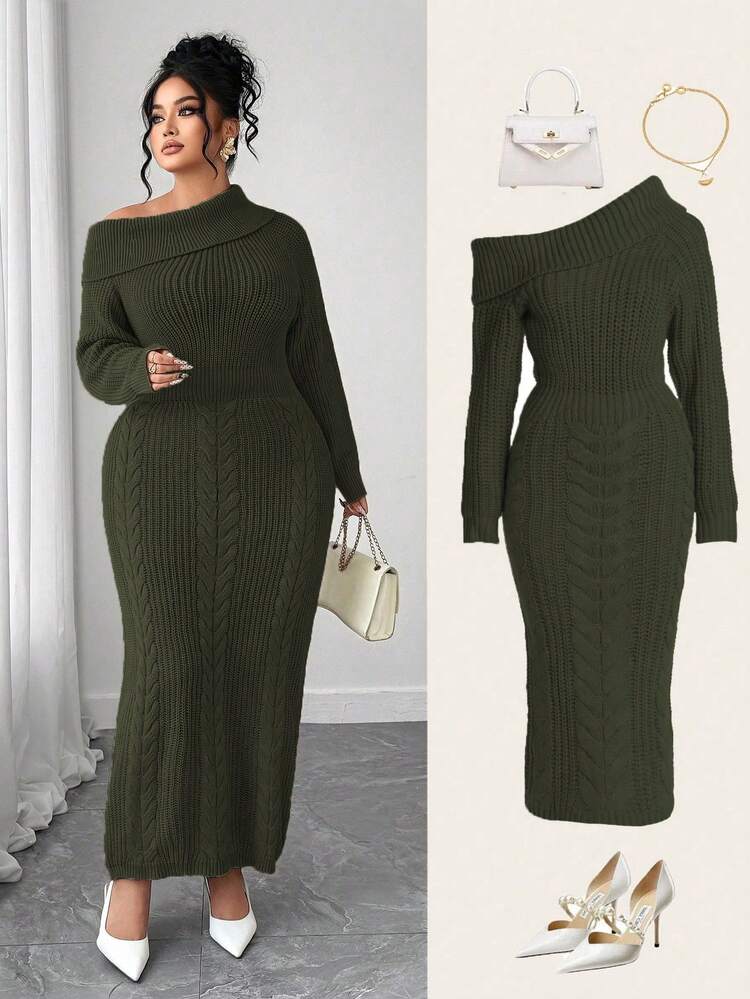 Elenzga Women's Plus Size Loose Fit Long Sleeve Sweater Dress, Off-Shoulder, Casual Outerwear, Plus Size, Autumn/Winter - Army Green - View 4