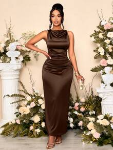 SOLERSUN Women's Elegant Solid Color Drape Neck Ruched Sleeveless Party Dress,Perfect For Banquets - Coffee - View 6