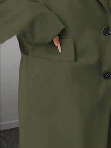 Elenzga 加大码女士优雅翻领长款西装外套+裤子套装，杏色 - 軍綠色 - 查看 4