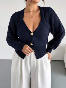 Firerie Plus Size Solid Color Front Button Long Sleeve Casual Knit Cardigan In Fall/Winter Navy Blue Old Money Office - Navy Blue - View 4