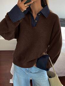 Livesso Women's Autumn Denim Patchwork Loose Knit Sweater With Turndown Collar - Coffee Brown - View 6