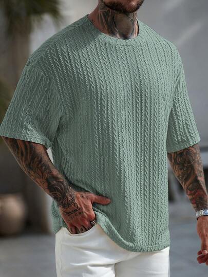 Manfinity CasualCool 男士休闲纯色纹理短袖T恤，夏季男士针织上衣针织衫男士休闲上衣男士时尚上衣