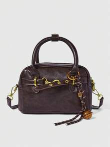 ROMWE Grunge Punk 女士复古咖啡棕色保龄球包，新款时尚手提包带肩带设计，小巧休闲单肩斜挎包带结饰，适合手机、零钱包、情人节礼物 - 咖啡棕 - 查看 2