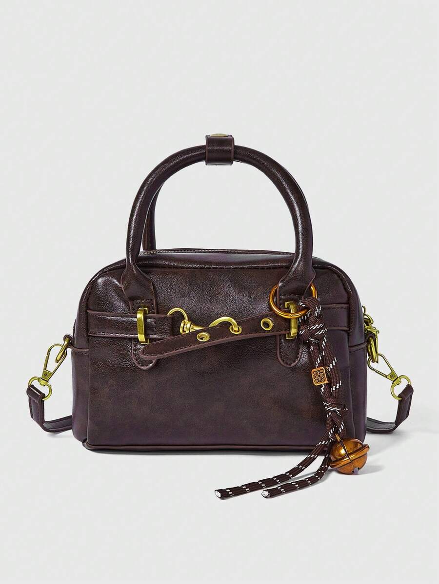 ROMWE Grunge Punk 女士复古咖啡棕色保龄球包，新款时尚手提包带肩带设计，小巧休闲单肩斜挎包带结饰，适合手机、零钱包、情人节礼物