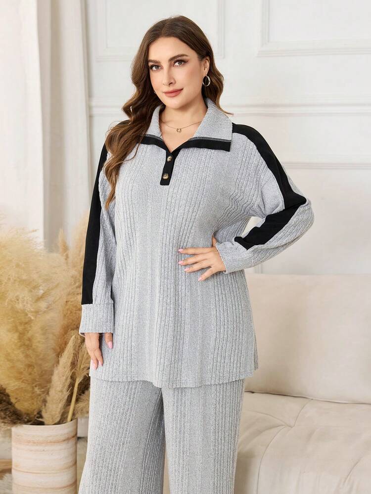 Lacomfia 2pcs Plus Size Women Fleece Patchwork Contrast Color Knitted Top And Pants Set, Autumn/Winter - Light Grey - View 4