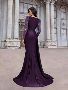 Aureia 优雅奢华亮片刺绣拼接弹力针织面料圆领褶皱薄纱长袖修身鱼尾高开衩连衣裙，适合单身派对、约会、舞会、生日、婚礼、正式场合、情人节等场合。 - 紫色 - 查看 2