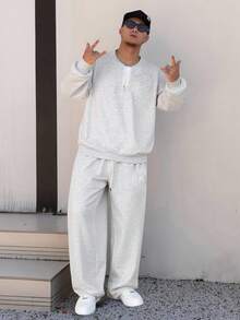 DAZY 男士保暖内衬半拉链圆领卫衣套装，秋冬季 - 灰色 - 查看 3