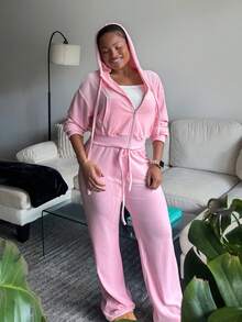 Tyla Gomez Zipper Front Hooded Jacket And Pants Set - Pink - View 6