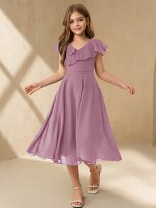 SHEIN 少女优雅简约时尚V领荷叶边无袖高腰中长款纯色雪纺紫色连衣裙，适合夏季少女毕业典礼婚礼花童穿着 - 紫色 - 查看 4