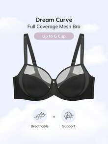 LUVLETTE Black Unlined Full Coverage Side Support Mesh Sheer Basic Breezy Comfort Minimizer Bra