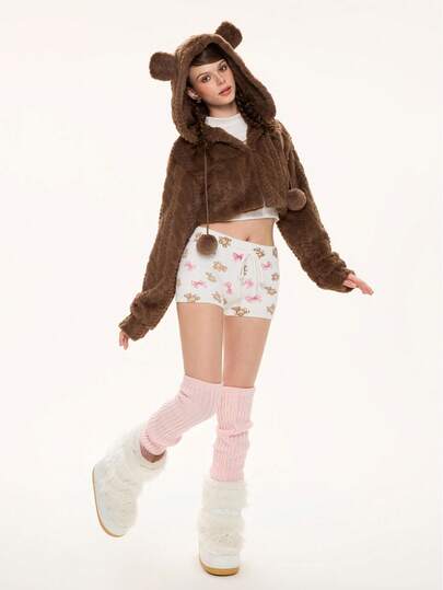 Kawaii Kawaii Cute Bear Ear Hooded Fuzzy Ball Short Jacket