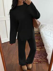 Sunnyshic Women's Solid Color Long Sleeve Sweater And Knitted Pants Set Fall Winter Cloth For Women