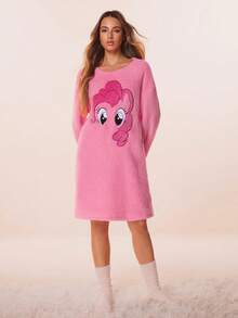 My Little Pony X SHEIN 女士可爱小马刺绣长袖抓绒睡衣连衣裙，秋冬可爱睡衣，粉色可爱睡袍，蓬松舒适