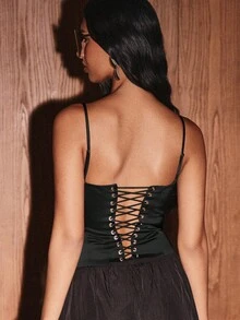 KIZN Top corset tipo bustier de color verde oscuro con copas con aros y espalda con cordones - Negro - Ver 2