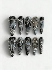 ROMWE Grunge Punk Bộ 10 móng giả kiểu Y 2 K hình chữ thập, dây chuyền nhện, hạt bạc, vẽ tay chất lượng cao + 3 miếng băng dính hai mặt, có thể tháo rời và tái sử dụng, màu sắc tương phản thay đổi dần, móng giả dài hình hạnh nhân được vẽ tay, thích hợp cho các bữa tiệc, khiêu vũ và sử dụng hàng ngày. - Nhiều màu - Xem 1