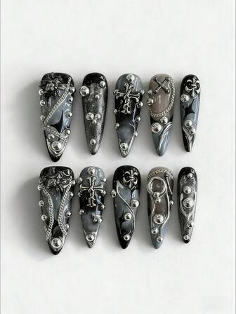 Grunge Punk 10 Stück Y2K Stil Kreuz & Spinnen Kette Perlen Handbemalte hochwertige Kunstnägel + 3 Stück doppelseitiger Kleber, abnehmbare & wiederverwendbare Farbverlauf Mandelform Nägel, geeignet für Festivals, Partys und den täglichen Gebrauch