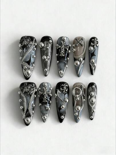 ROMWE Grunge Punk 10 Peças Estilo Y2K Corrente de Contas de Prata com Aranha Cruzada, Unhas Postiças Pintadas à Mão de Alta Qualidade + 3 Fitas Adesivas Dupla Face, Mudança Gradual de Cor Contrastante Removível e Reutilizável, Formato de Amêndoa Longo Pintado à Mão, Adequado para Festas, Danças e Uso Diário.