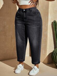 SHEIN SXY 大码休闲日常做旧猫须口袋牛仔裤 - 黑色 - 查看 4