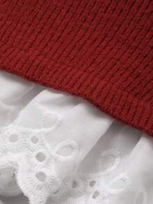 FRIFUL Women's Colorblock Round Neck Long Sleeve Drawstring Hem Bow Cuff Contrast Lace Loose Casual Cardigan, Autumn/Winter - Red - View 6
