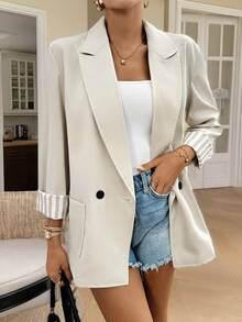 SHEIN Frenchy Women's Fall Winter Striped Cuff Spliced Buttoned Elegant Casual Lapel Blazers - Grey - View 1