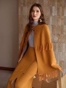 MOTF PREMIUM FRINGED SHAWL CAPE CARDIGAN - Mustard Yellow - View 7